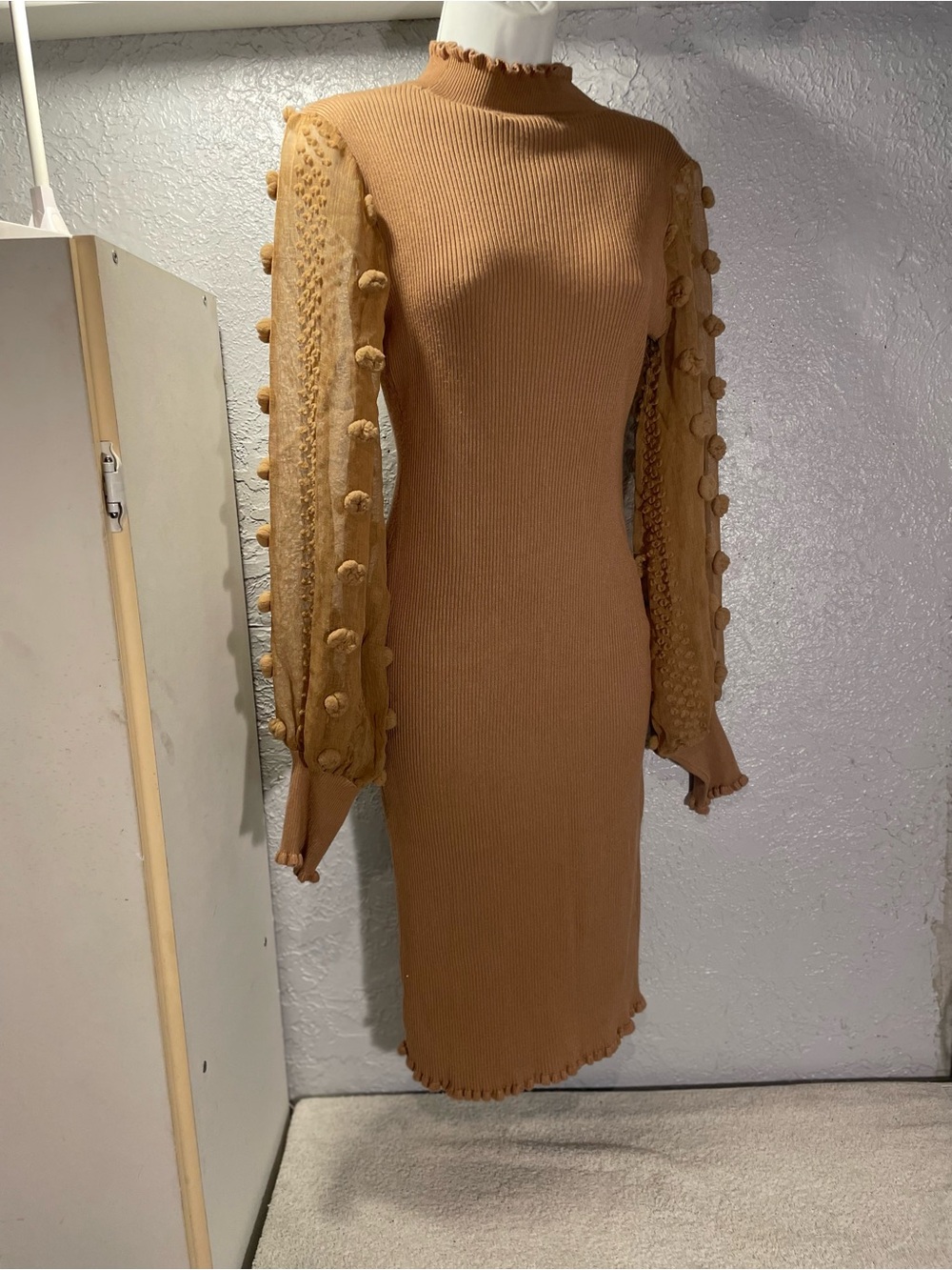 Almost Famous Camel Ribbed Midi Dress with Pom-Pom Sleeve Detail